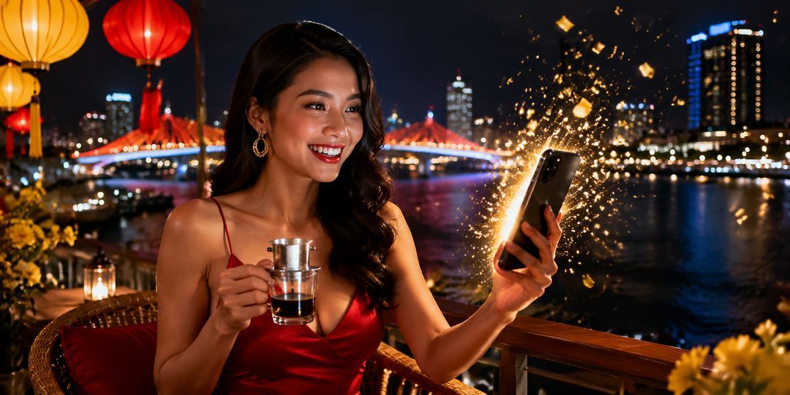 Người dùng Việt Nam đăng nhập tài khoản cá cược trên điện thoại tại quán cà phê Đà Nẵng