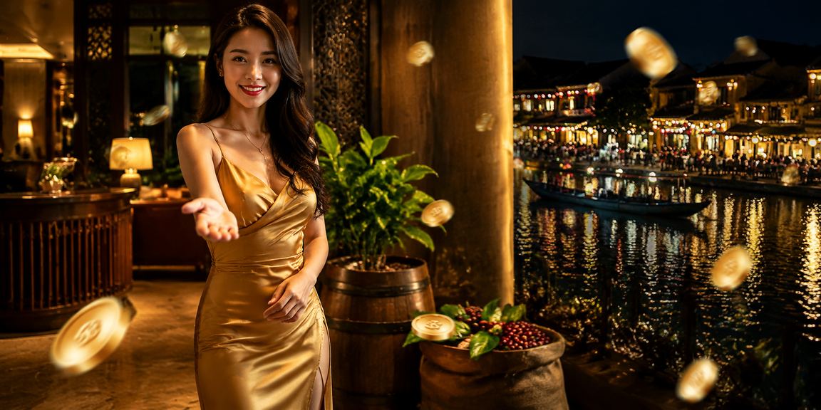 Thành viên VIP tại Hội An thưởng thức cà phê và kiểm tra ưu đãi hoàn tiền trên điện thoại